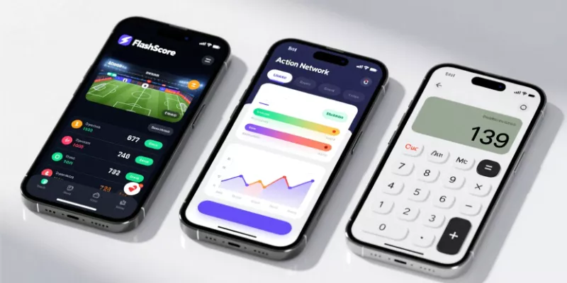 Tres smartphones mostrando Flashscore, Action Network y calculadora de apuestas