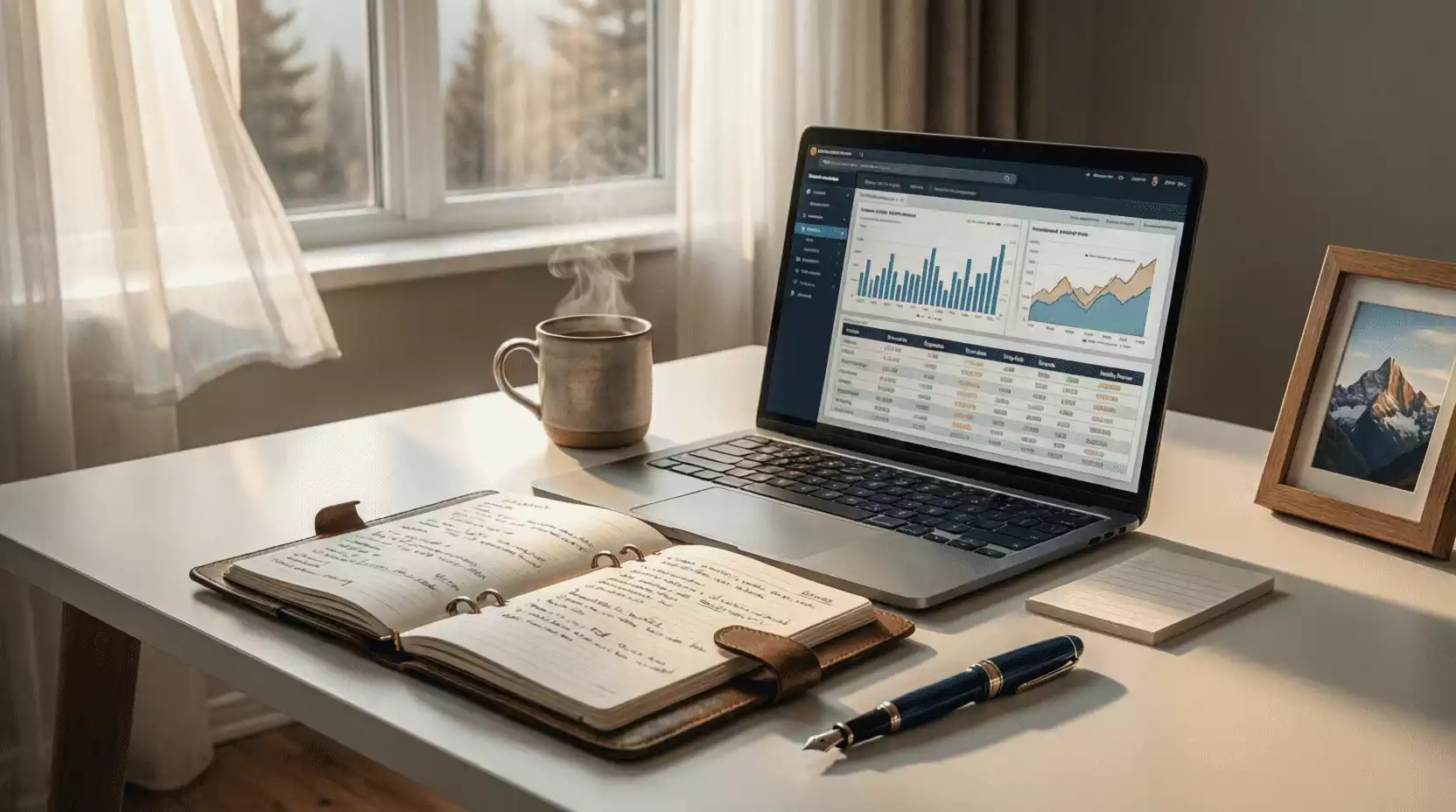 Espacio de trabajo organizado con cuaderno de gestión financiera y ordenador