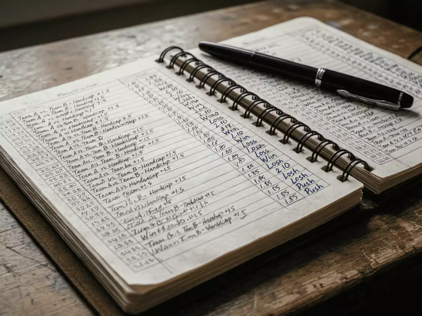 Cuaderno abierto con registros de apuestas y an&aacute;lisis de rendimiento junto a bol&iacute;grafo