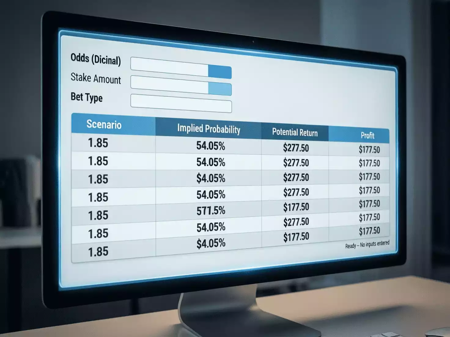 Pantalla de ordenador mostrando interfaz de herramienta de c&aacute;lculo de apuestas con resultados
