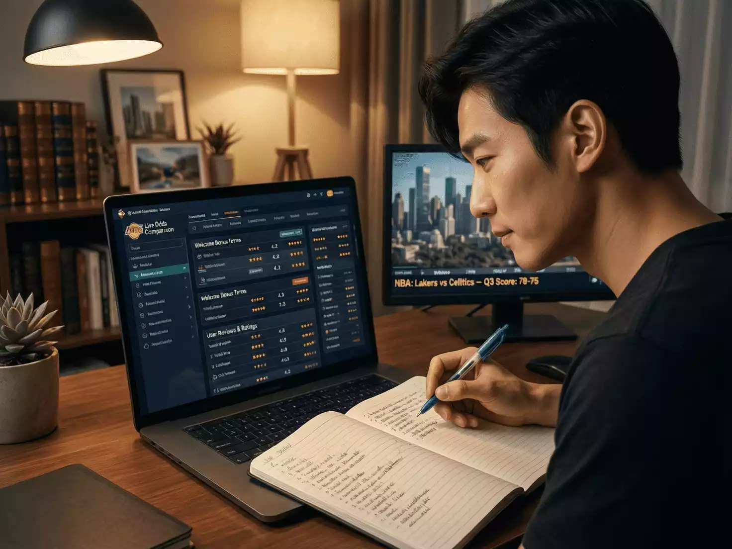 Apostador tomando notas mientras evalúa opciones de plataformas de apuestas
