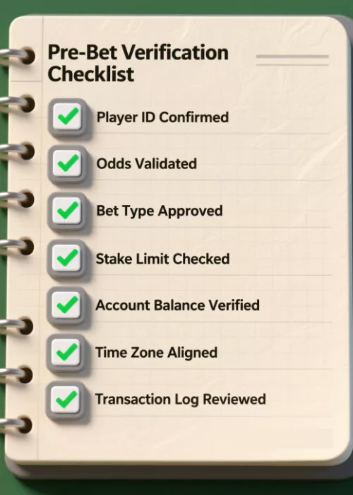 Checklist visual con 7 elementos para verificación previa de apuesta Yankee