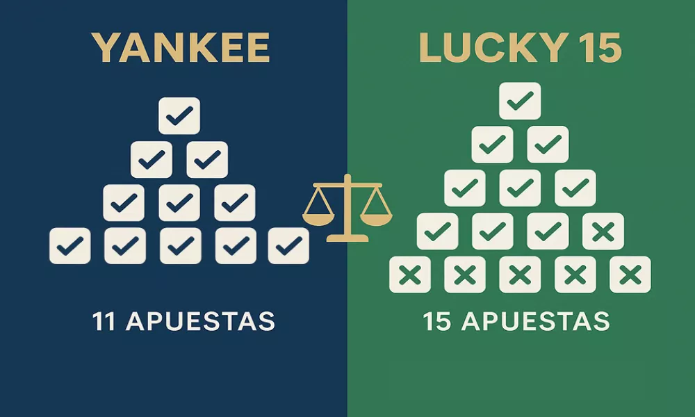 Comparaci&oacute;n visual entre sistema Yankee de 11 apuestas y Lucky 15 de 15 apuestas
