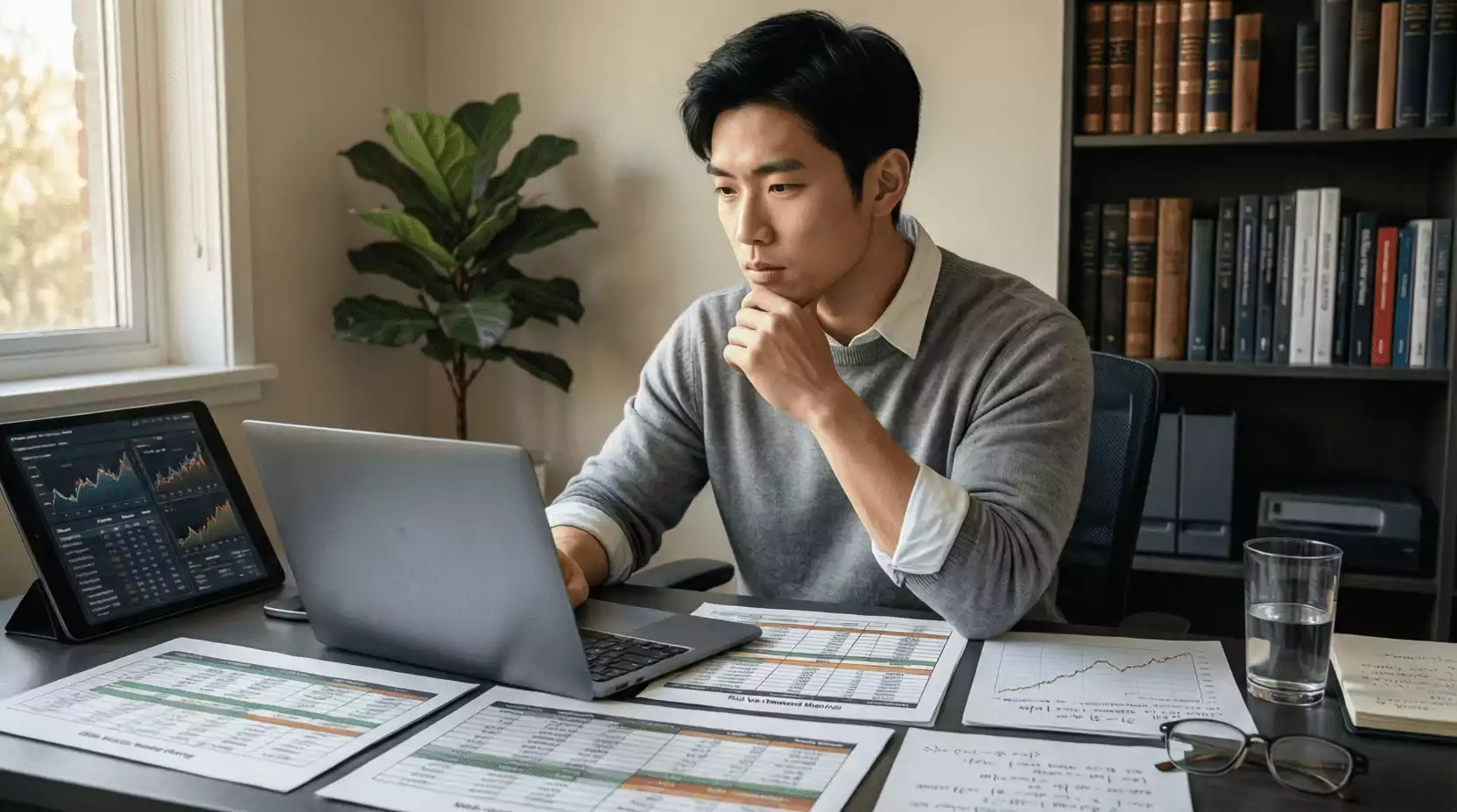 Apostador comparando diferentes estrategias de apuestas en su escritorio