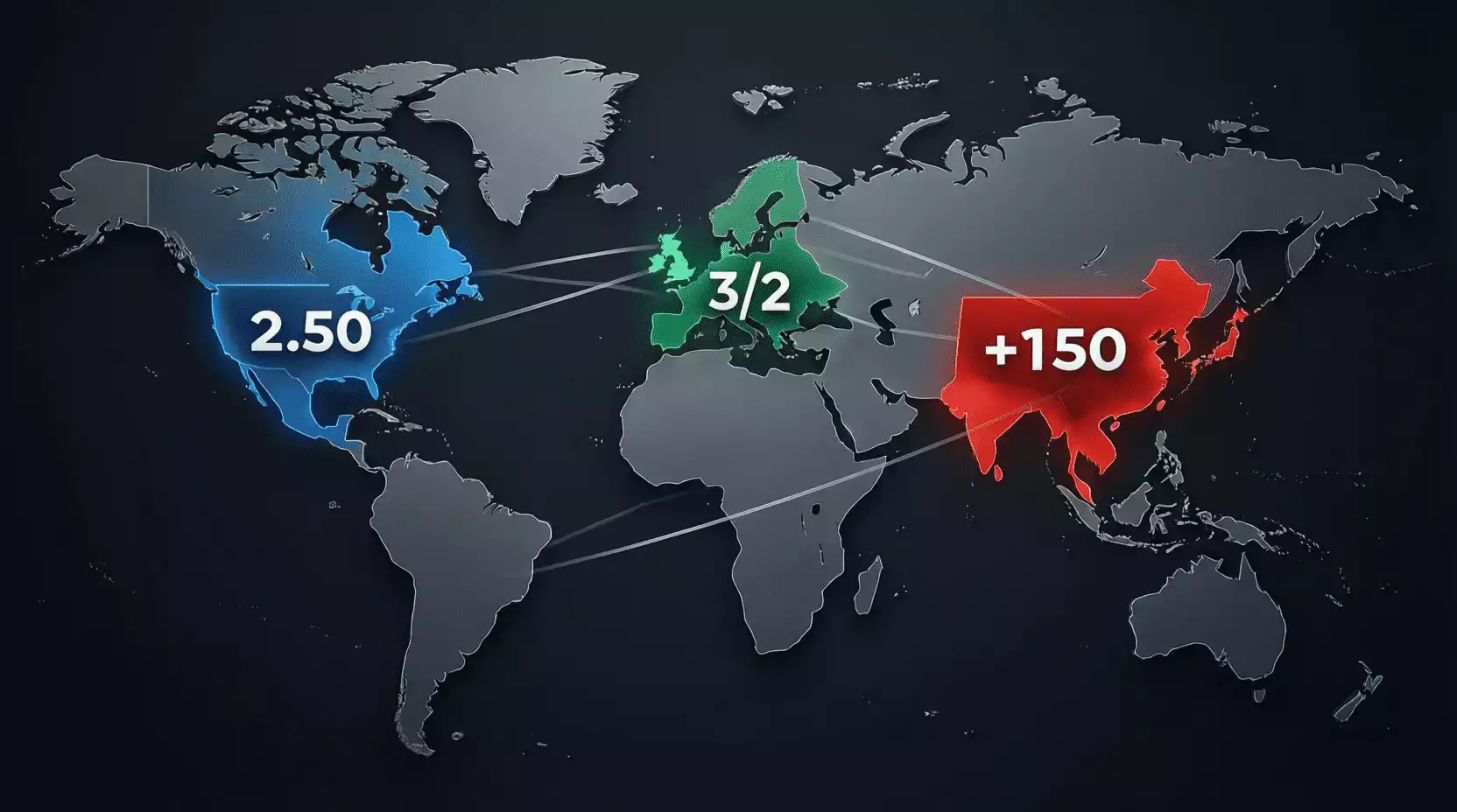 Mapa mundial con diferentes formatos de cuotas de apuestas representados por región