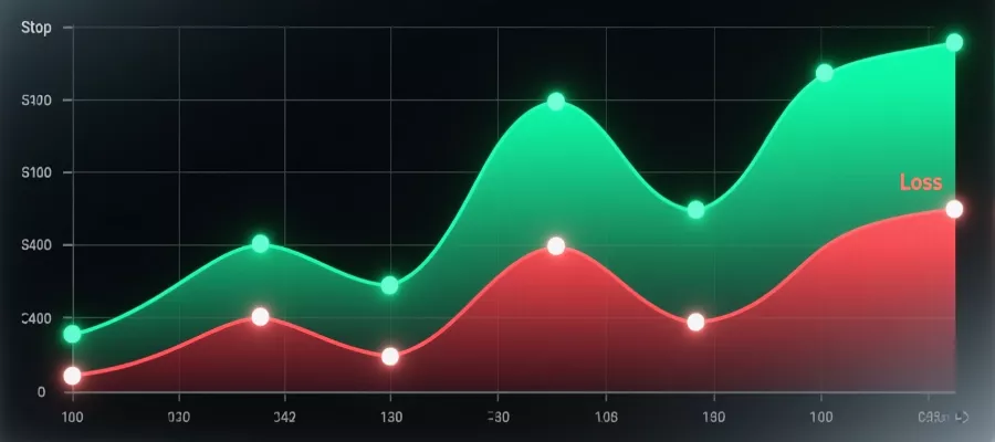 Gráfico de área mostrando evolución del bankroll con niveles de stop loss y take profit