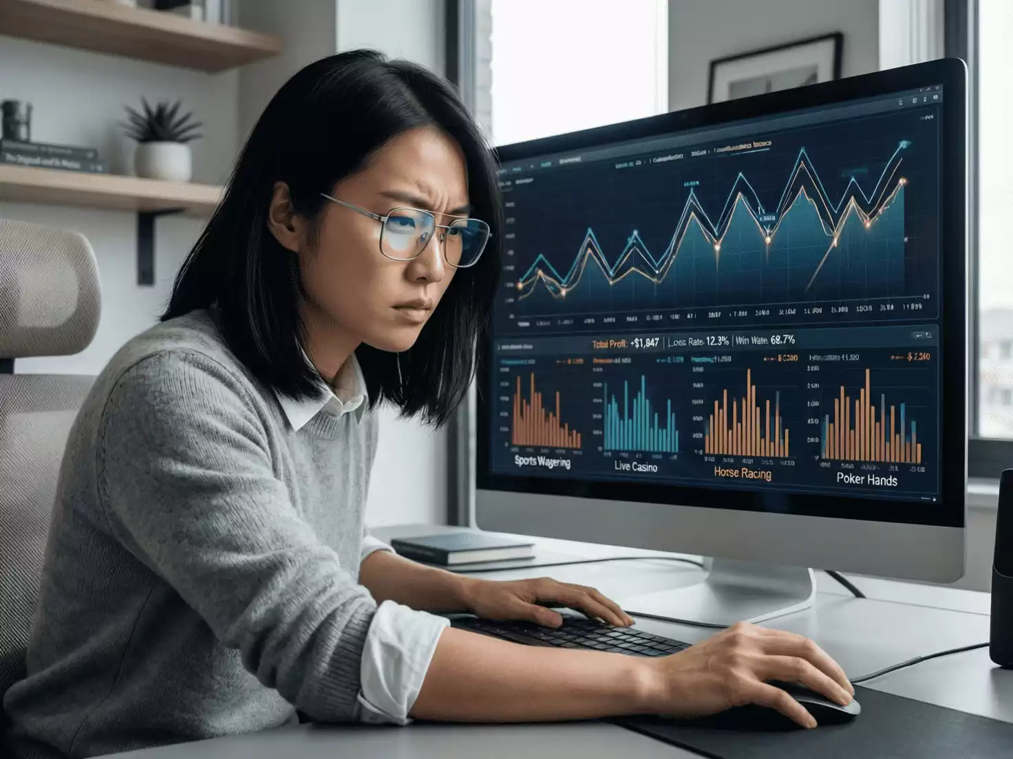 Persona analizando gráficos de rendimiento de apuestas en pantalla de ordenador