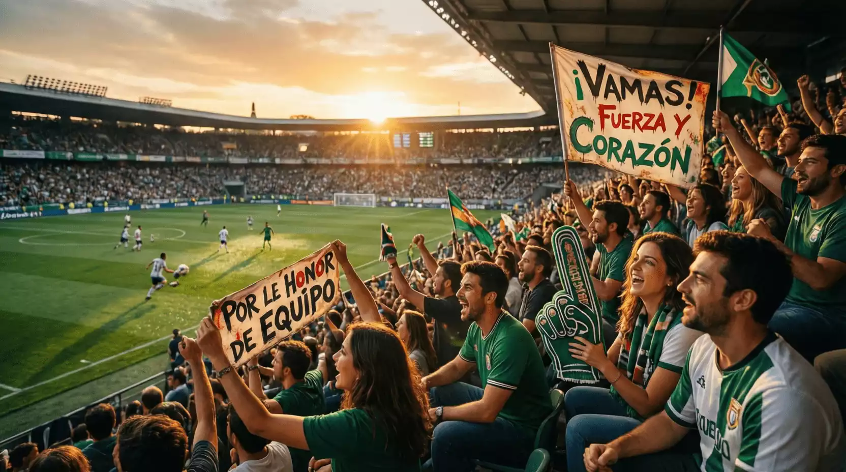 Aficionados viendo partido de fútbol en estadio con ambiente vibrante