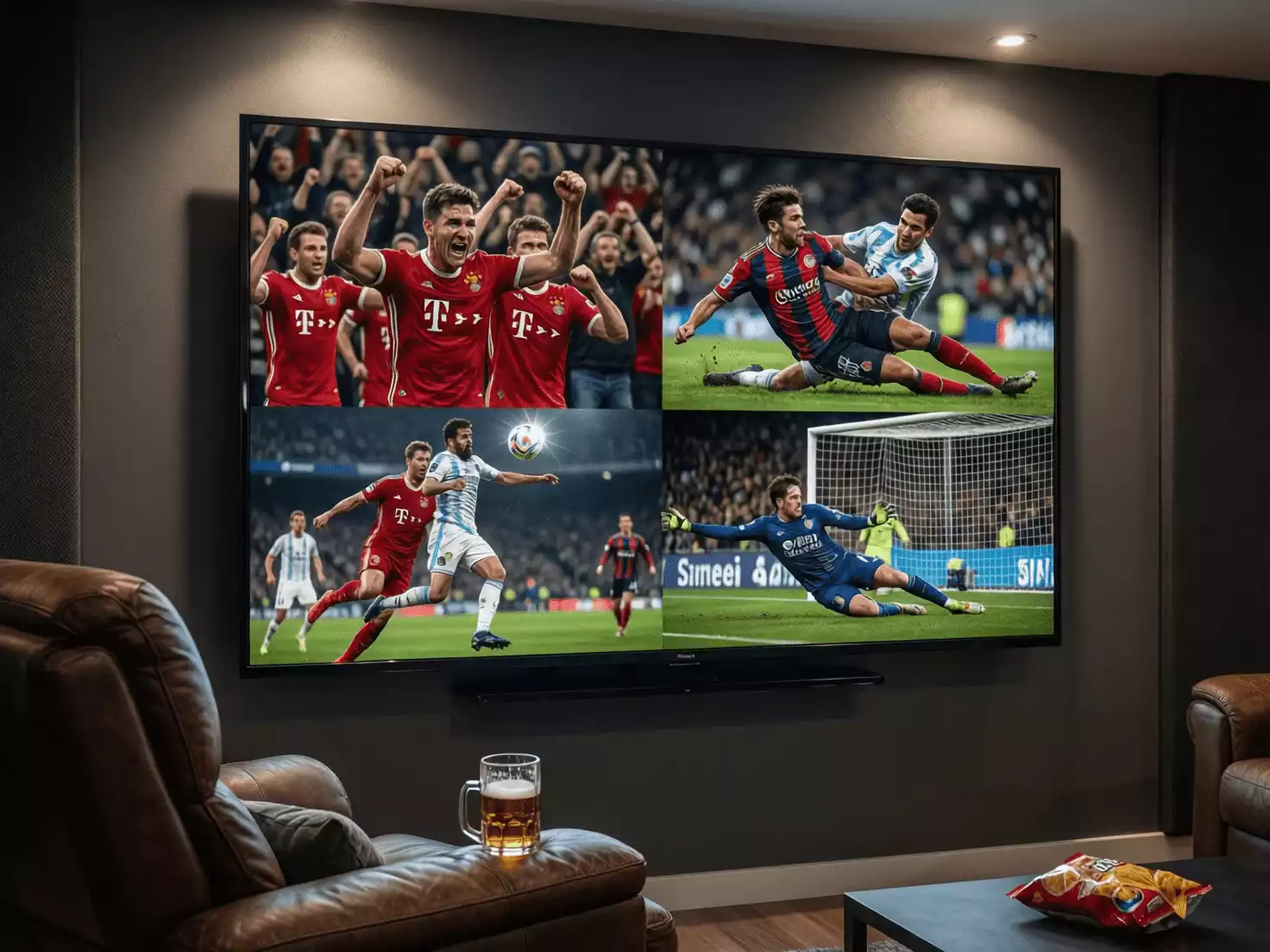 Pantalla de televisi&oacute;n mostrando m&uacute;ltiples partidos de diferentes ligas europeas de f&uacute;tbol