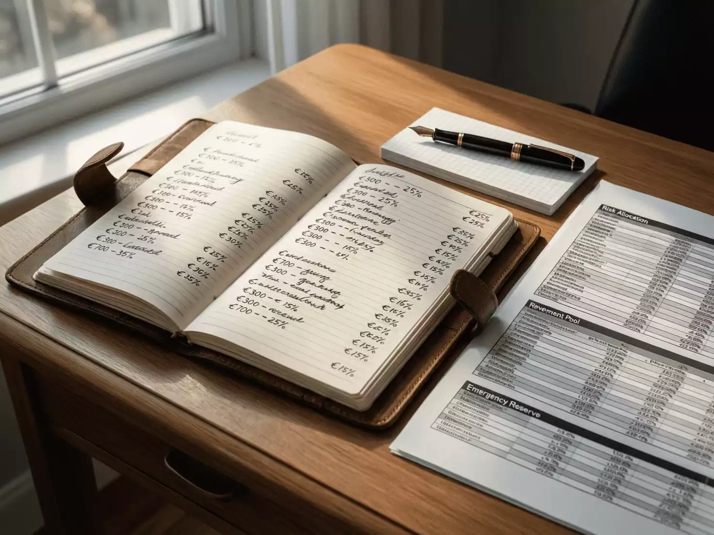 Escritorio organizado con documentos de planificación financiera y seguimiento de apuestas