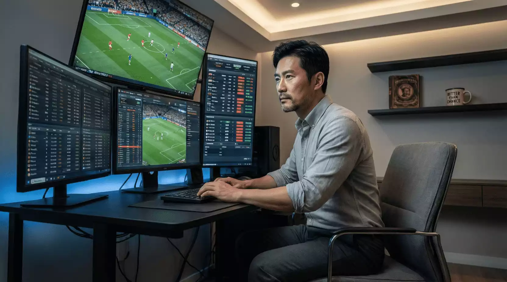 Apostador experto analizando múltiples partidos en configuración profesional con varias pantallas