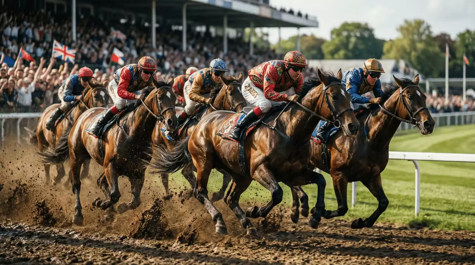 Carrera de caballos en hipódromo británico con jinetes compitiendo en la recta final