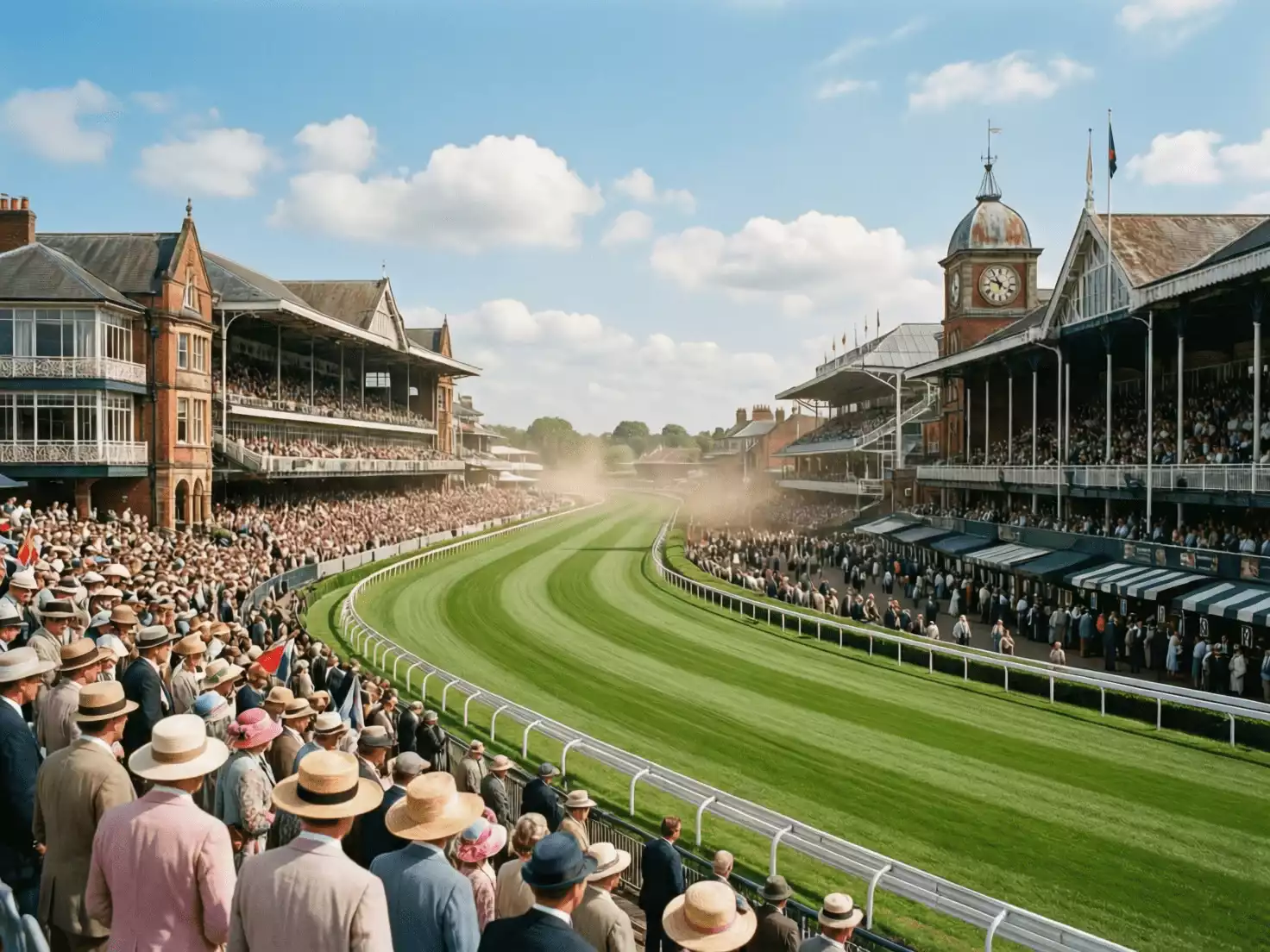 Vista panor&aacute;mica de hip&oacute;dromo brit&aacute;nico con p&uacute;blico en las gradas durante jornada de carreras