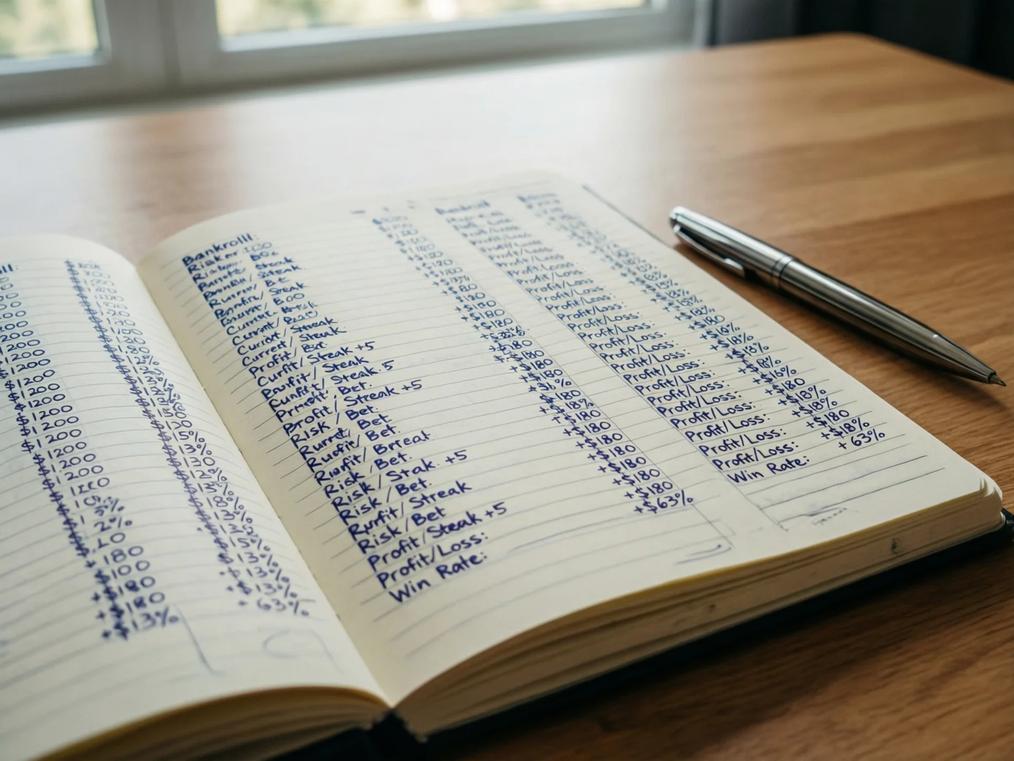Cuaderno de notas con anotaciones de gesti&oacute;n de apuestas y bol&iacute;grafo sobre escritorio