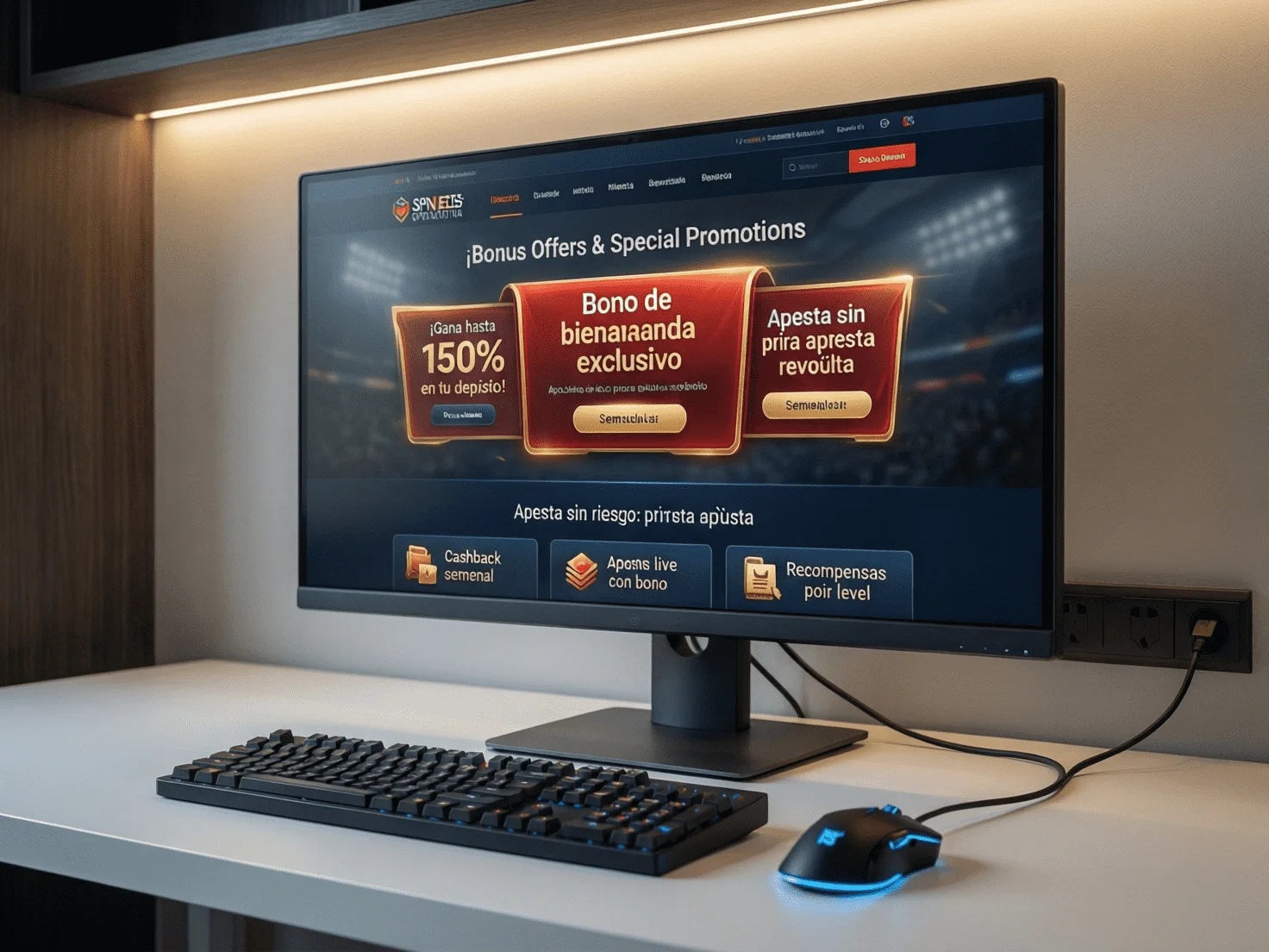 Pantalla de ordenador mostrando interfaz de casa de apuestas con promociones destacadas