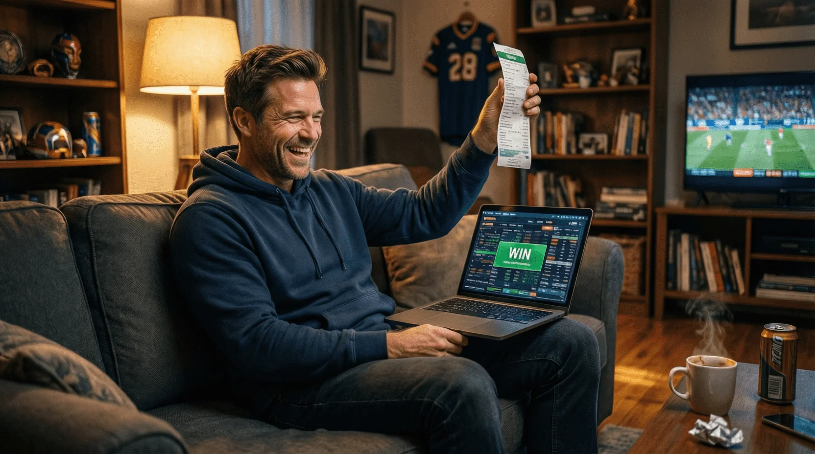 Apostador celebrando victoria con boleto ganador en casa de apuestas
