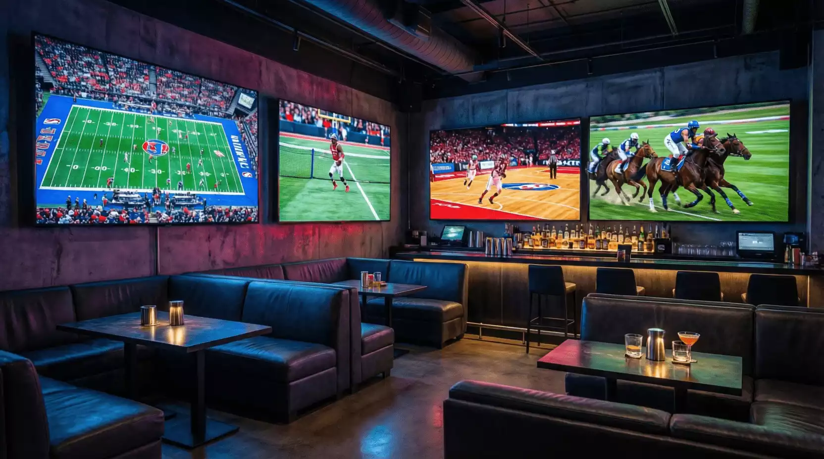 Pantallas mostrando diferentes deportes simultáneamente en ambiente de bar deportivo
