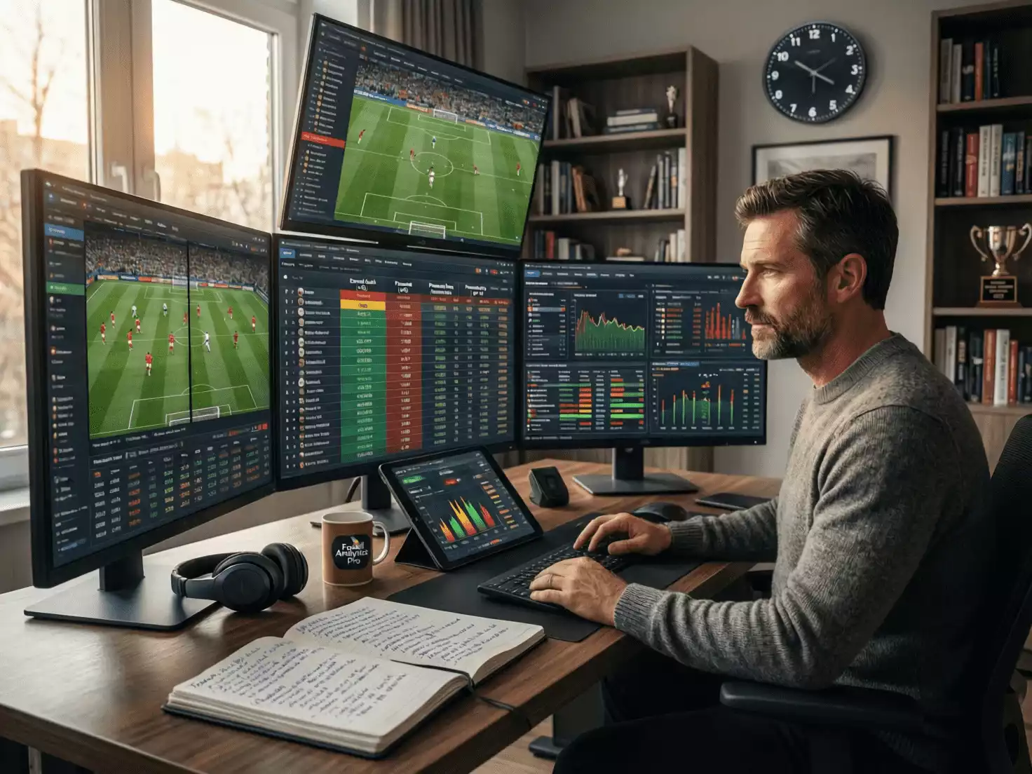 Apostador estudiando profundamente estadísticas y datos de una liga específica