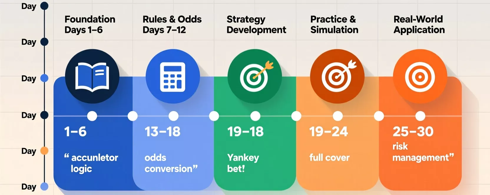 Línea de tiempo infográfica del plan de aprendizaje de 30 días para dominar apuestas Yankee