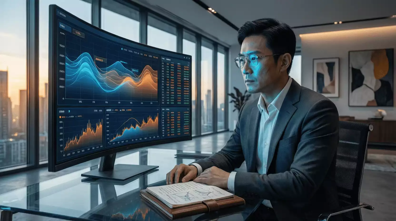 Profesional analizando cuotas de apuestas en pantalla con gráficos de probabilidad