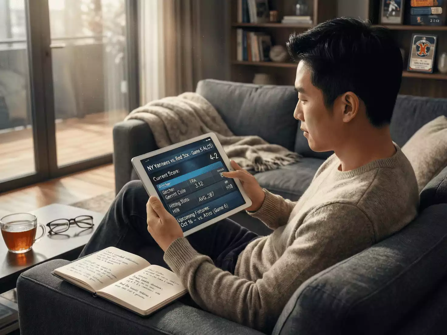 Persona estudiando estadísticas de fútbol en tablet con notas de análisis