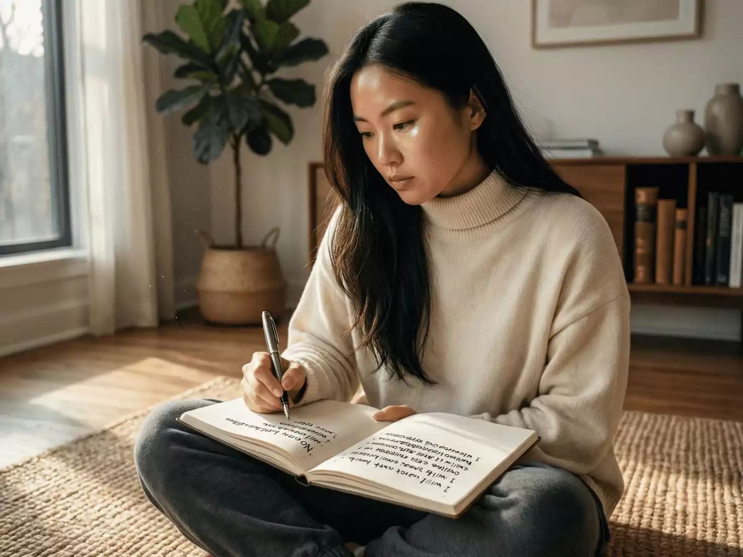 Persona escribiendo reglas y límites personales en un cuaderno