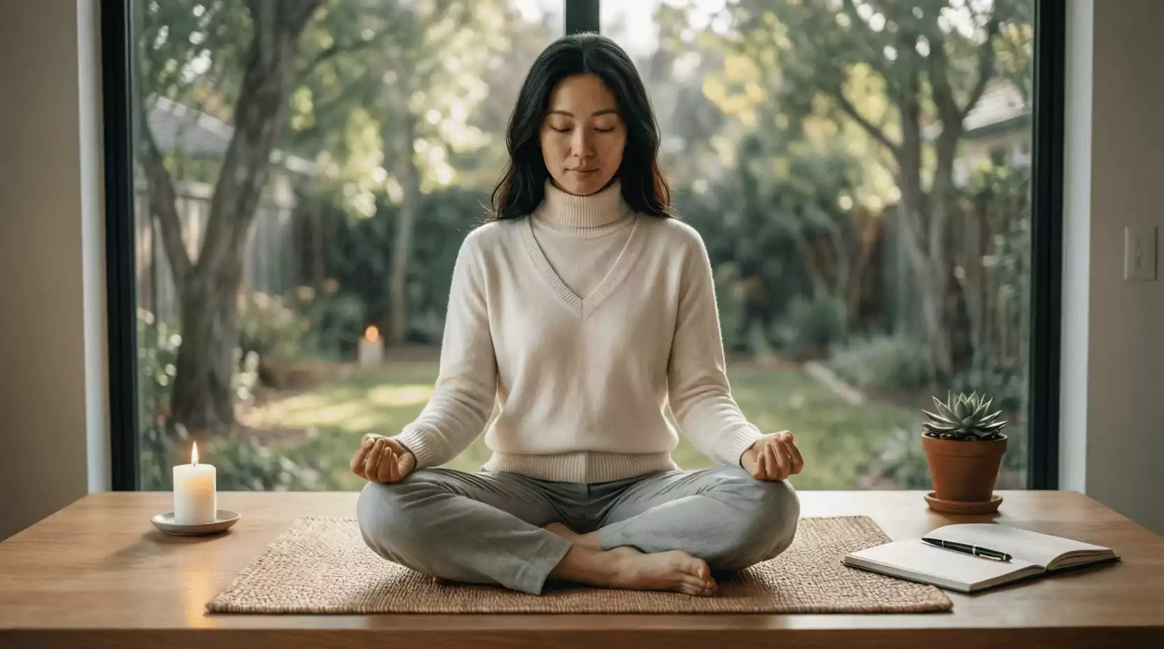 Persona meditando y manteniendo la calma en su espacio de trabajo