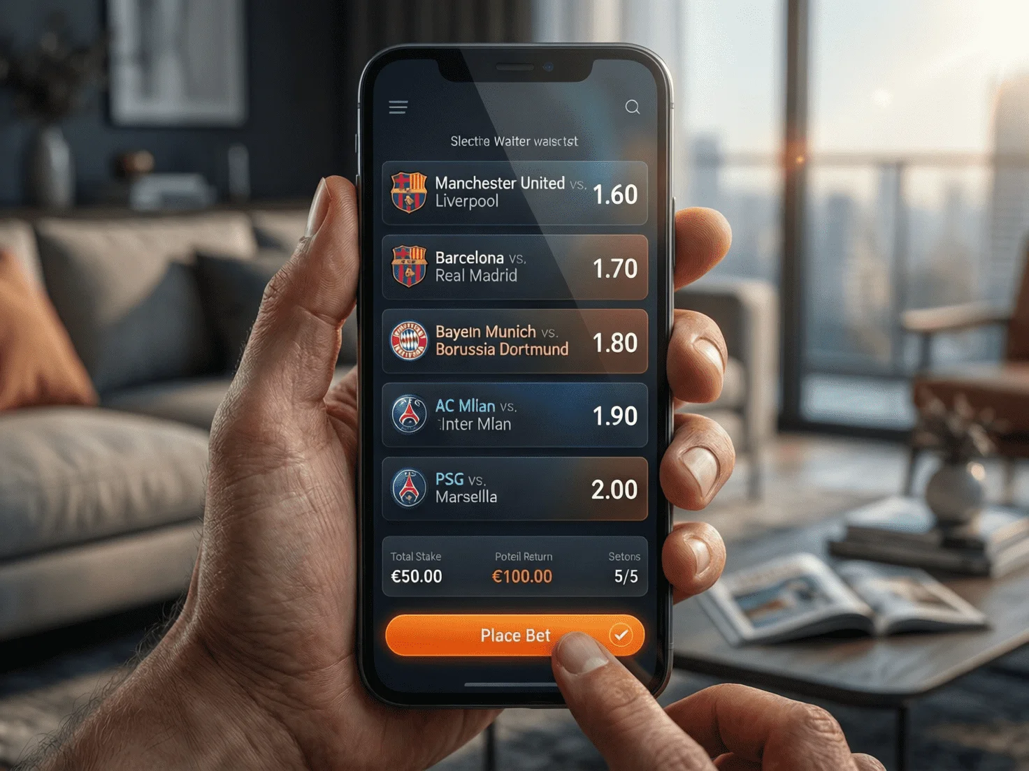 Pantalla de m&oacute;vil mostrando aplicaci&oacute;n de apuestas con selecci&oacute;n de cinco partidos