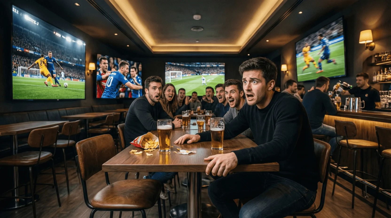 Grupo de aficionados viendo múltiples partidos de fútbol en pantallas de bar deportivo