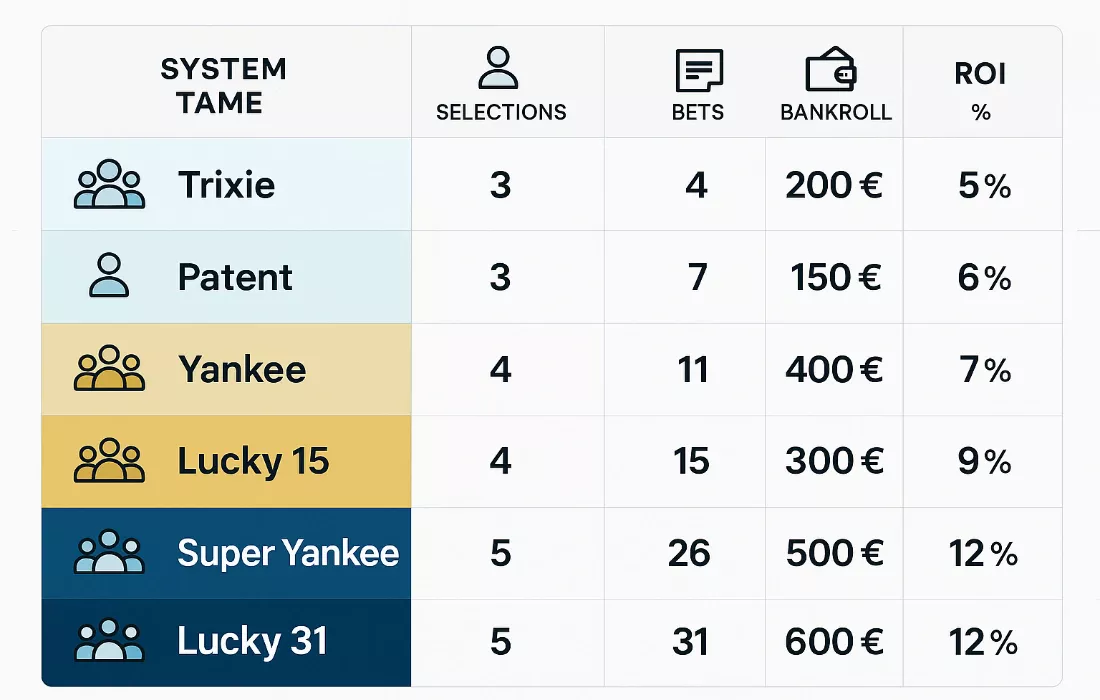 Tabla completa de comparaci&oacute;n entre Trixie, Patent, Yankee, Lucky 15, Super Yankee y Lucky 31