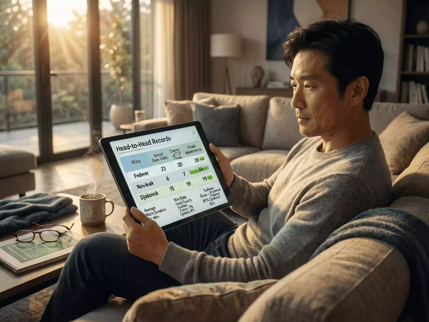 Persona analizando estad&iacute;sticas de tenis y enfrentamientos directos en tablet