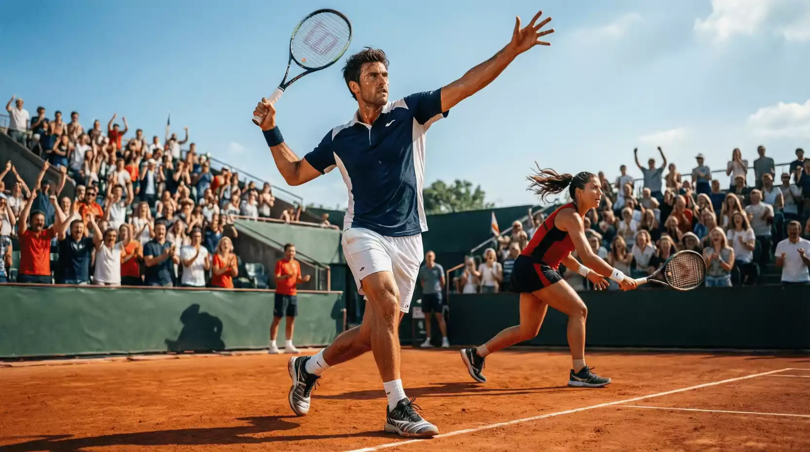 Partido de tenis profesional en pista de tierra batida con público en las gradas