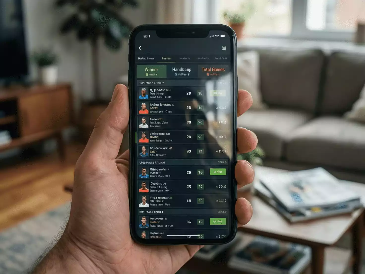 Smartphone mostrando aplicaci&oacute;n de apuestas con partidos de tenis y diferentes mercados disponibles