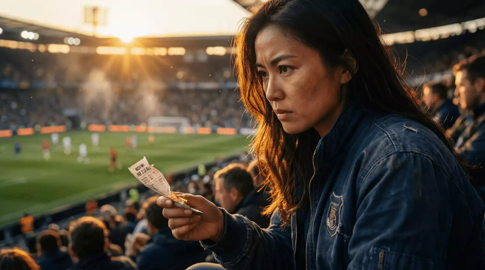 Aficionado analizando partido de fútbol en estadio con boleto de apuestas