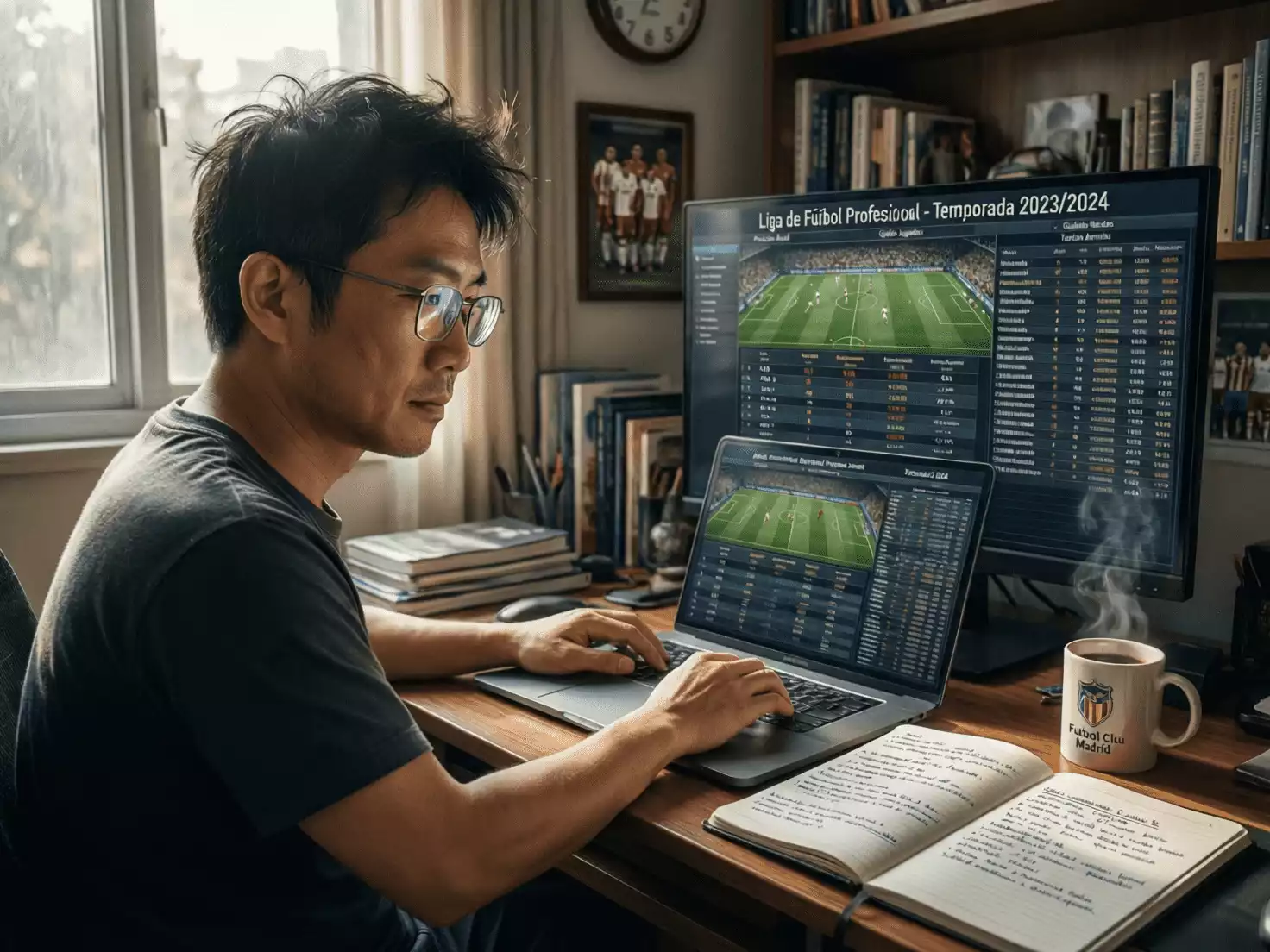Persona estudiando estad&iacute;sticas deportivas en pantalla de ordenador con notas